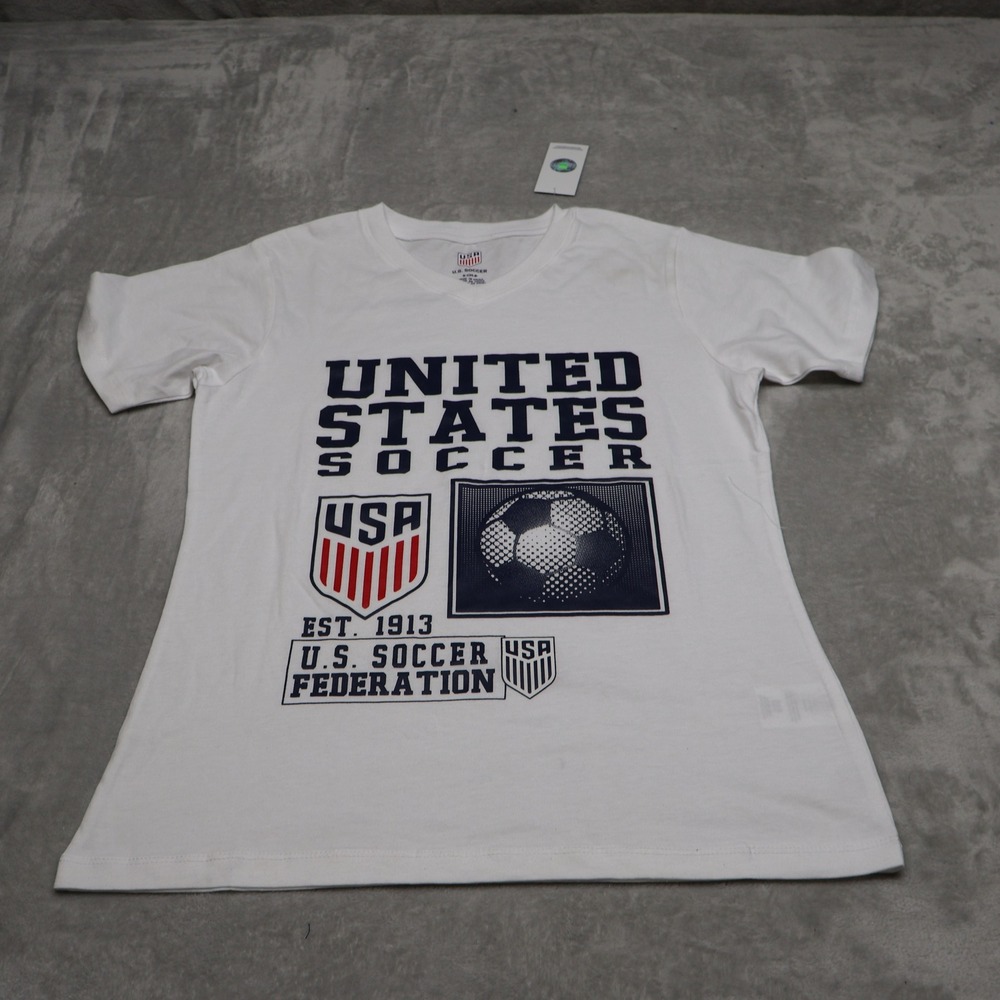 USA Shirt Womens Small White Short Sleeve US Soccer Team Graphic V-Neck Tee NEW